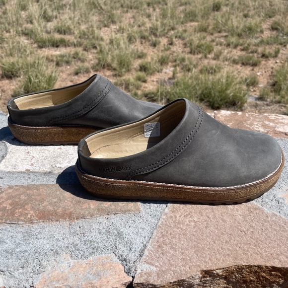 Haflinger Gray Leather Cork bottom Slip On Mules Women’s Size 7 37 Like New - Picture 2 of 13